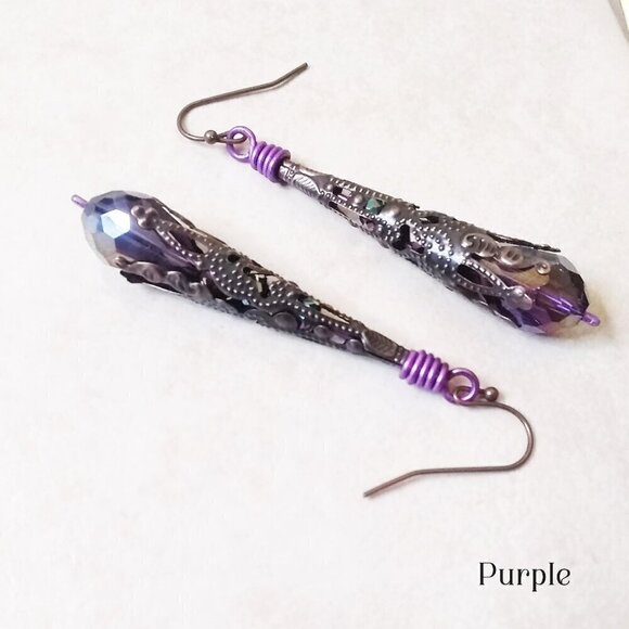 Understated Bling! Extra Long! Copper Filigree Cone & Purple Dangle Earrings - Picture 3 of 8